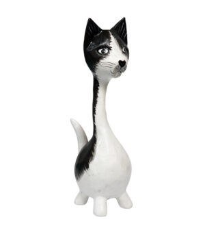 Wood Painted Cat long neck - Blk/Whi (25cm)