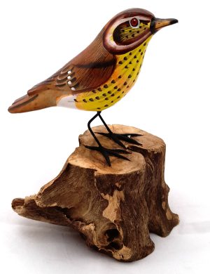 Wooden painted bird on wood perch (15cm)